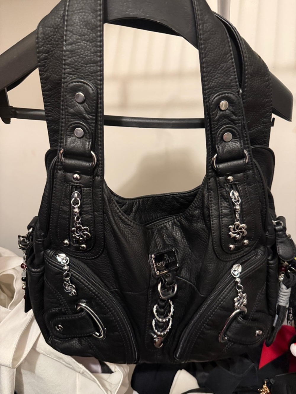Black Shoulder angel kiss bag with Silver Hardware